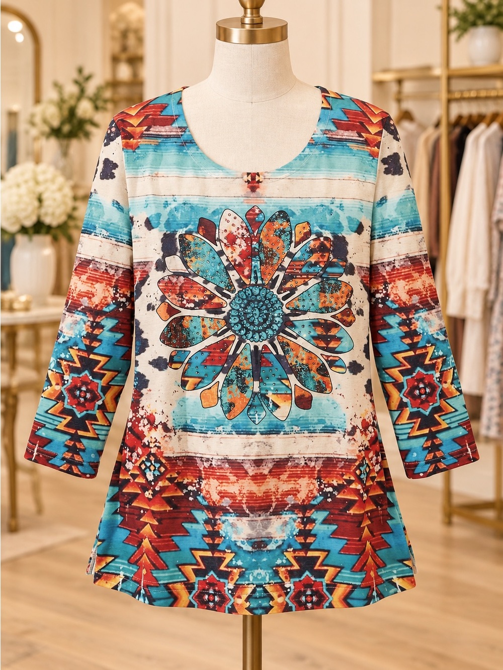Back in the Saddle Boho Sunflower Long Sleeve Top - Turquoise Red Southwestern